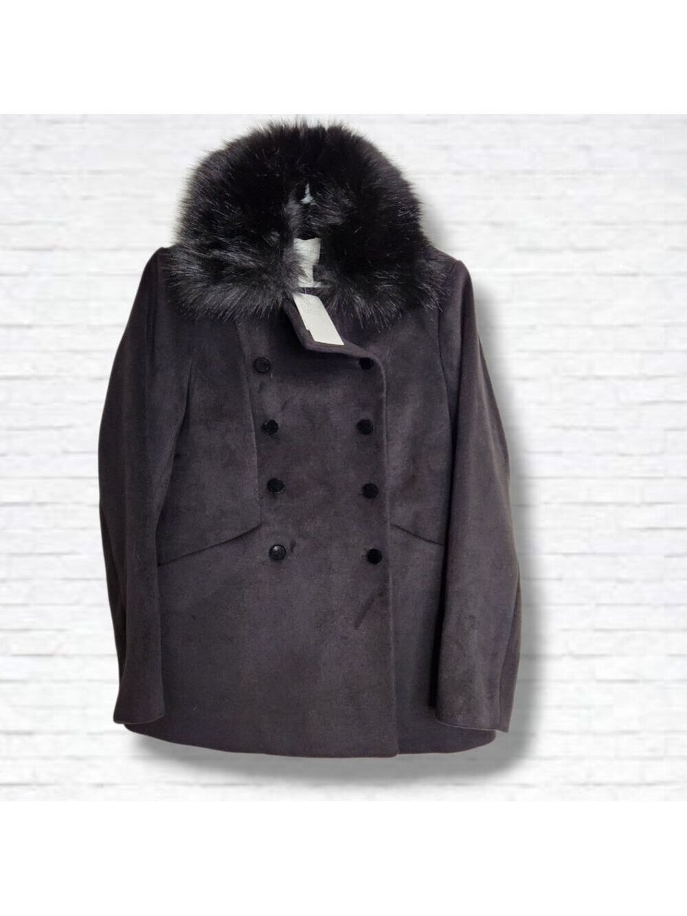 H&M Black Faux Fur Collar Double Breasted Winter Coat Size 6 NWT